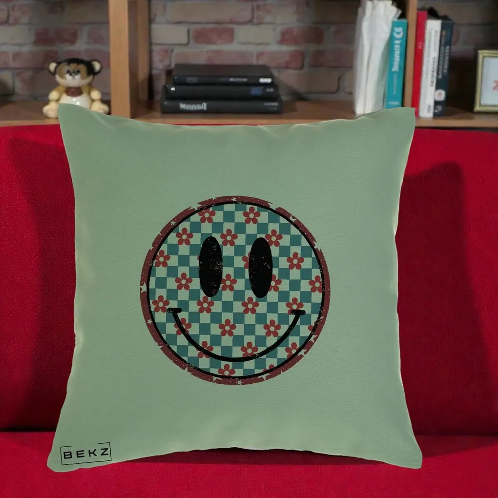 Perna Decorativa Smiley Face Checkered cu Floricele, 40x40 cm, Verde, Husa Detasabila, Perna Inclusa, BEKZ®