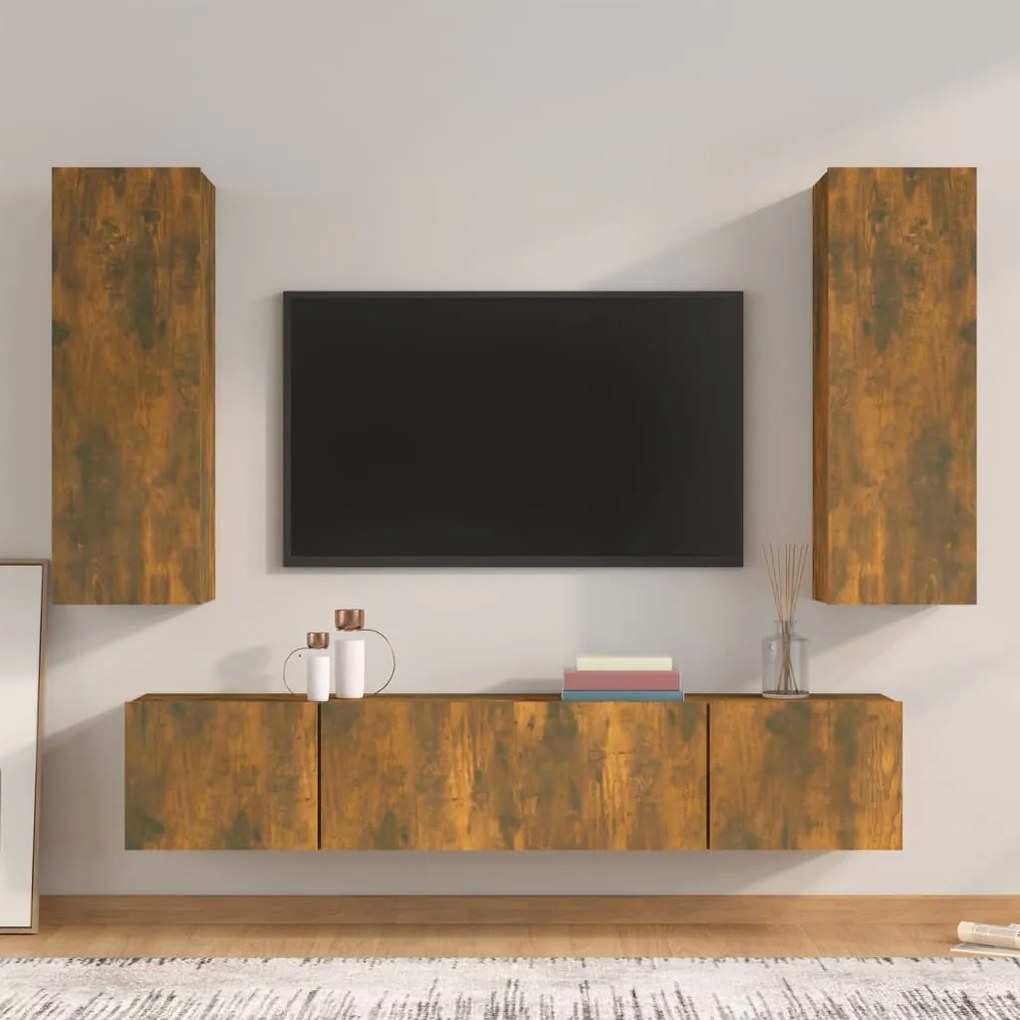 3114203 vidaXL Set dulapuri TV, 4 piese, stejar fumuriu, lemn prelucrat