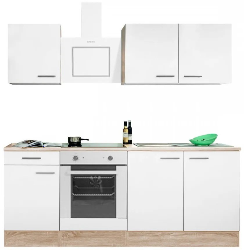 Mobilă de bucătărie Yorki 210, corp din stejar sonoma, față alb satinat cu element inferior al cuptorului