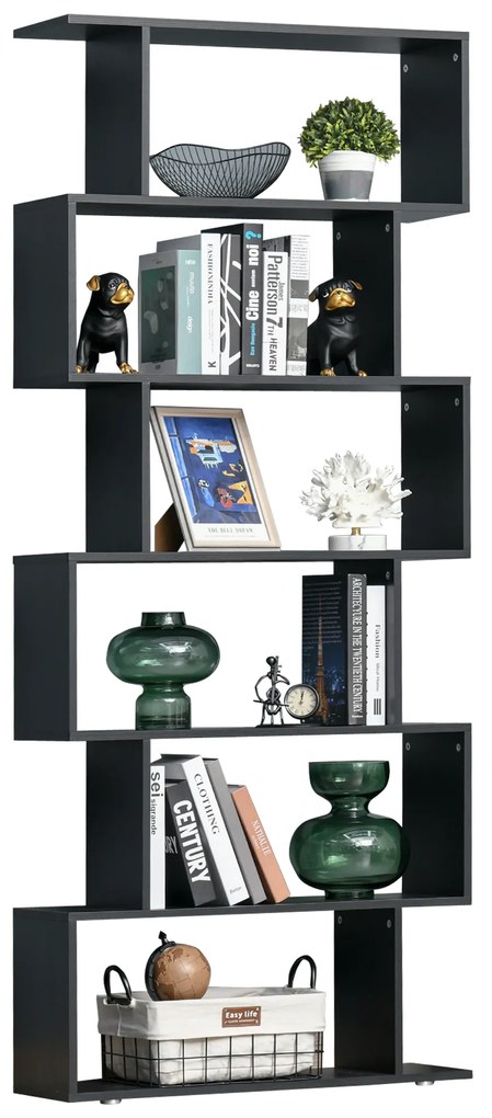 HOMCOM Bibliotecă Modernă cu 6 Rafturi, Design Zig-Zag, Lemn Rezistent, Ușor de Curățat, Negru, 80x24x191 cm | Aosom Romania