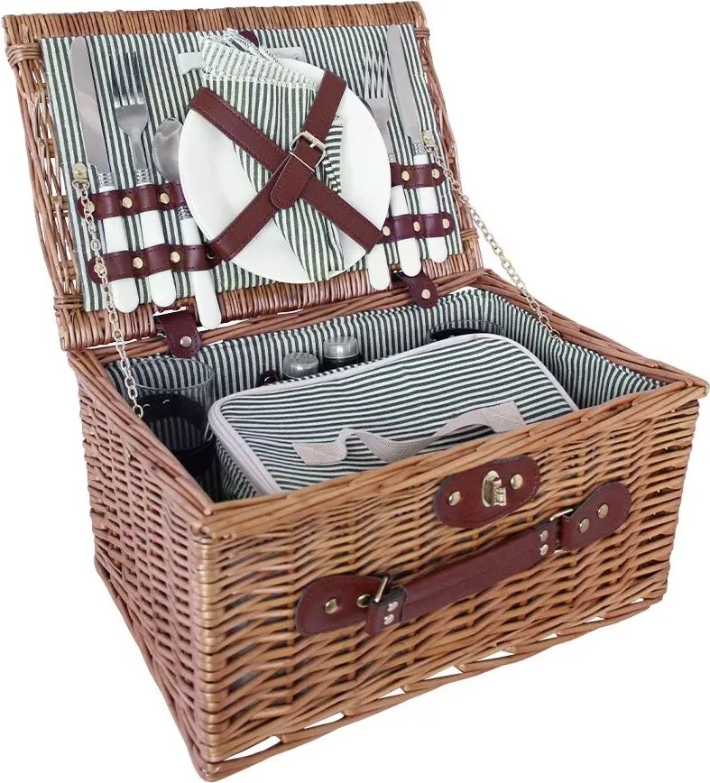 Coș de picnic mic din răchită împletită cu căptușeală în dungi verzi, pentru 4 persoane, „Vendela Small Green"