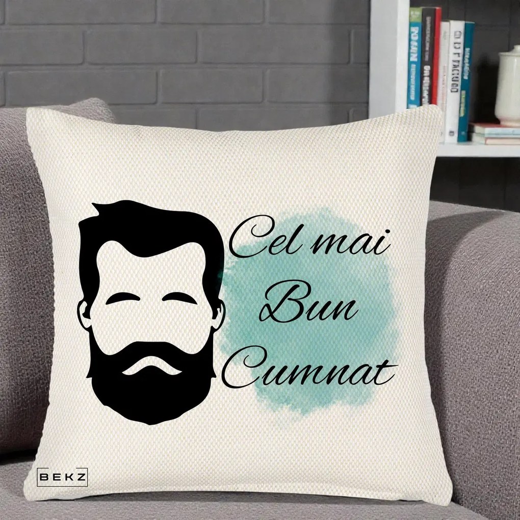 Cadou pentru Cumnat - Perna Personalizata Cel mai Bun Cumnat cu Portret Barbat si Pete Teal, 40x40 cm, Crem Reliefat, Husa Detasabila, Perna Inclusa, BEKZ®