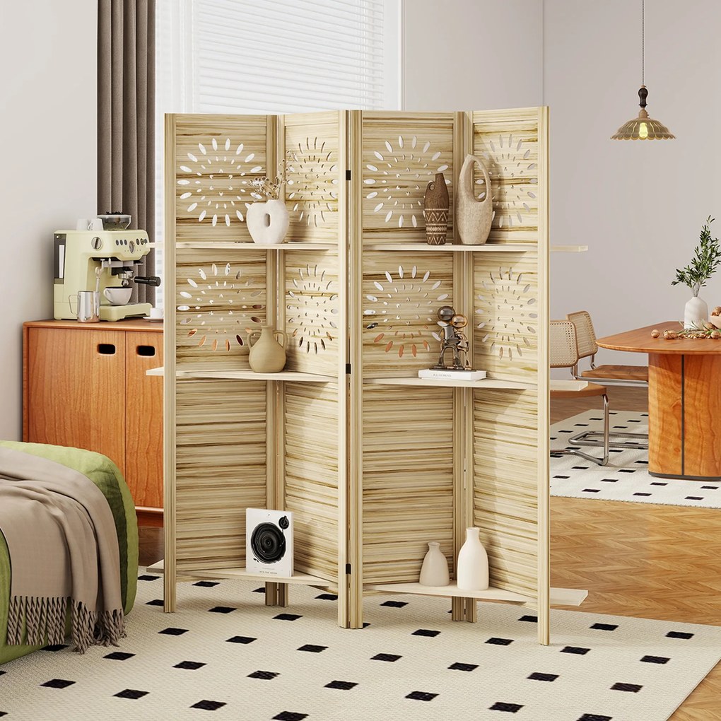 HOMCOM Paravan interior 4 panouri și 3 rafturi, 160 x 170 cm, separator de cameră pliabil, lemn de paulownia, lemn natural | Aosom Romania