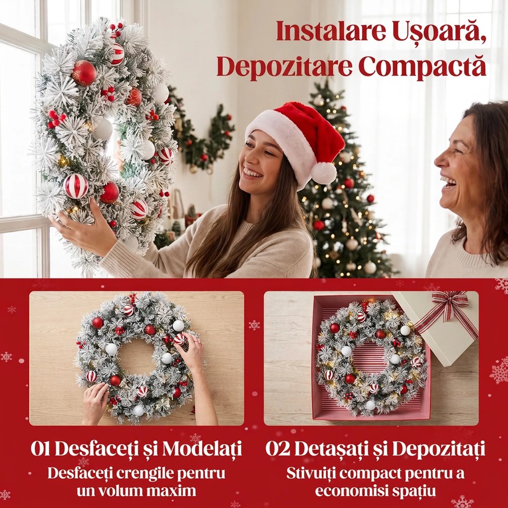 HOMCOM Coroniță de Crăciun Înzăpezită, 60 cm, cu Lumini LED, 8 Moduri, 140 Ramuri, 8 Fructe Roșii și 15 Globuri Decorative, Verde | Aosom Romania