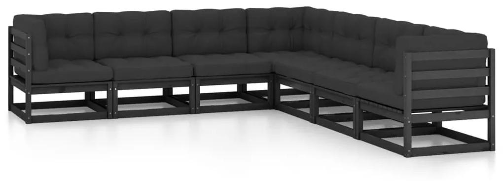 3076878 vidaXL Set mobilier grădină cu perne, 7 piese, negru, lemn masiv pin