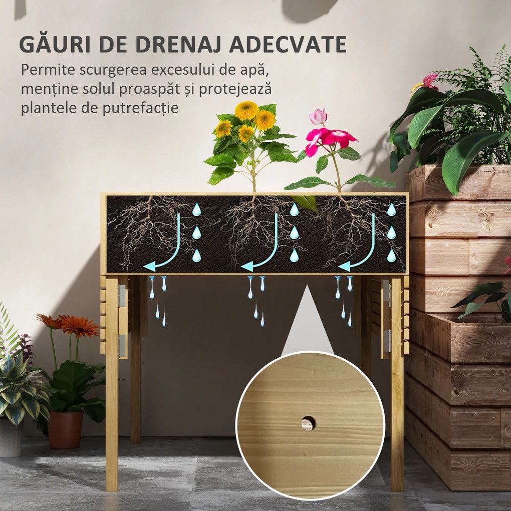 Outsunny Strat de Grădină Înălțat cu 12 Grile, Jardinieră Înălțată din Lemn cu Rafturi Laterale Pliabile, 122x91,5x89 cm, Lemn Natural | Aosom Romania