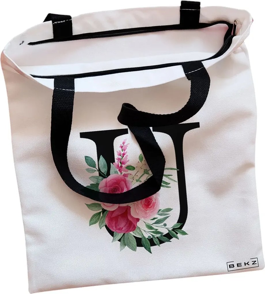 Sacosa de Panza pentru Cumparaturi, Geanta Tote, Cu litera U si Trandafiri, Cu fermoar, 38x34.5 cm, Alba, BEKZ®