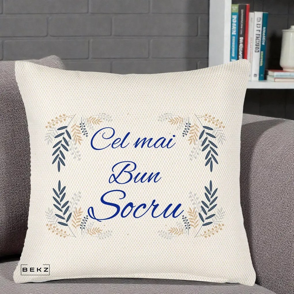 Cadou pentru Socru - Perna Personalizata Cel mai Bun Socru cu Ramuri Frunze Albastre si Aurii, 40x40 cm, Crem Reliefat, Husa Detasabila, Perna Inclusa, BEKZ®