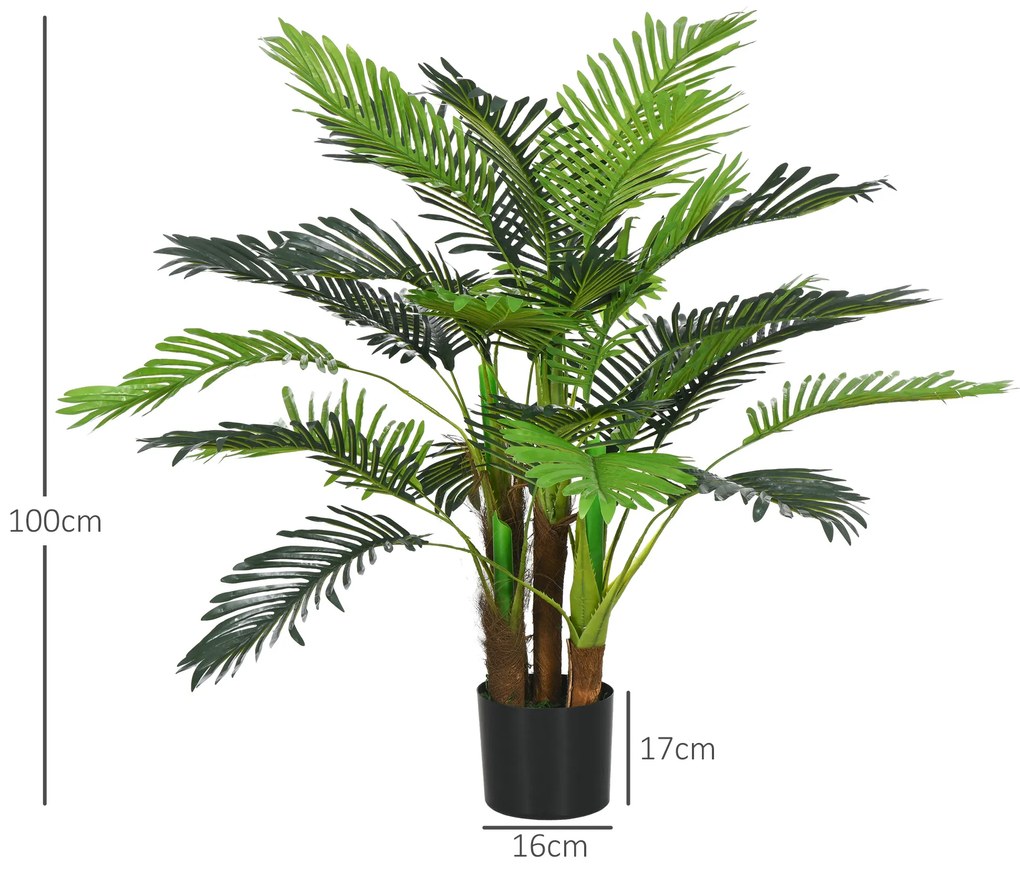 HOMCOM Palmier Artificiel H.1 m Arbore Artificial Trunchi Ramuri Lichen Frunze Mare Realism Ghiveci Inclus | Aosom Romania