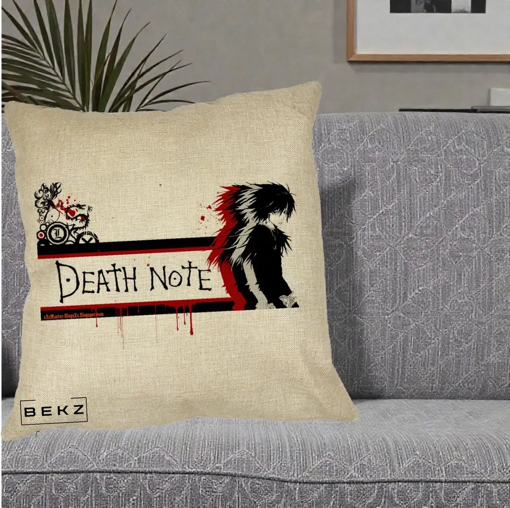 Perna Personalizata Death Note L Lawliet Rosu-Negru, 40x40 cm, Crem, Husa Detasabila, Perna Inclusa, BEKZ®