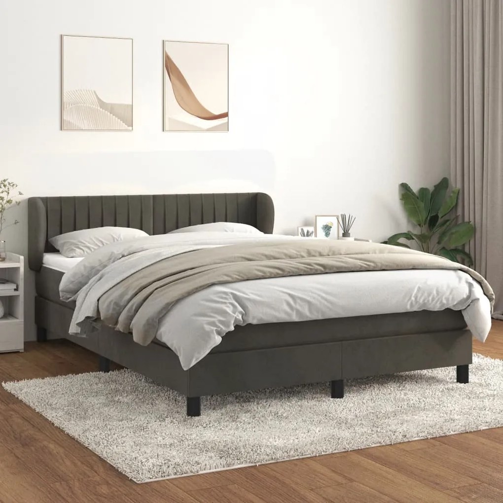 Pat box spring cu saltea, gri inchis, 140x200 cm, catifea Morke gra, 140 x 200 cm, Benzi verticale