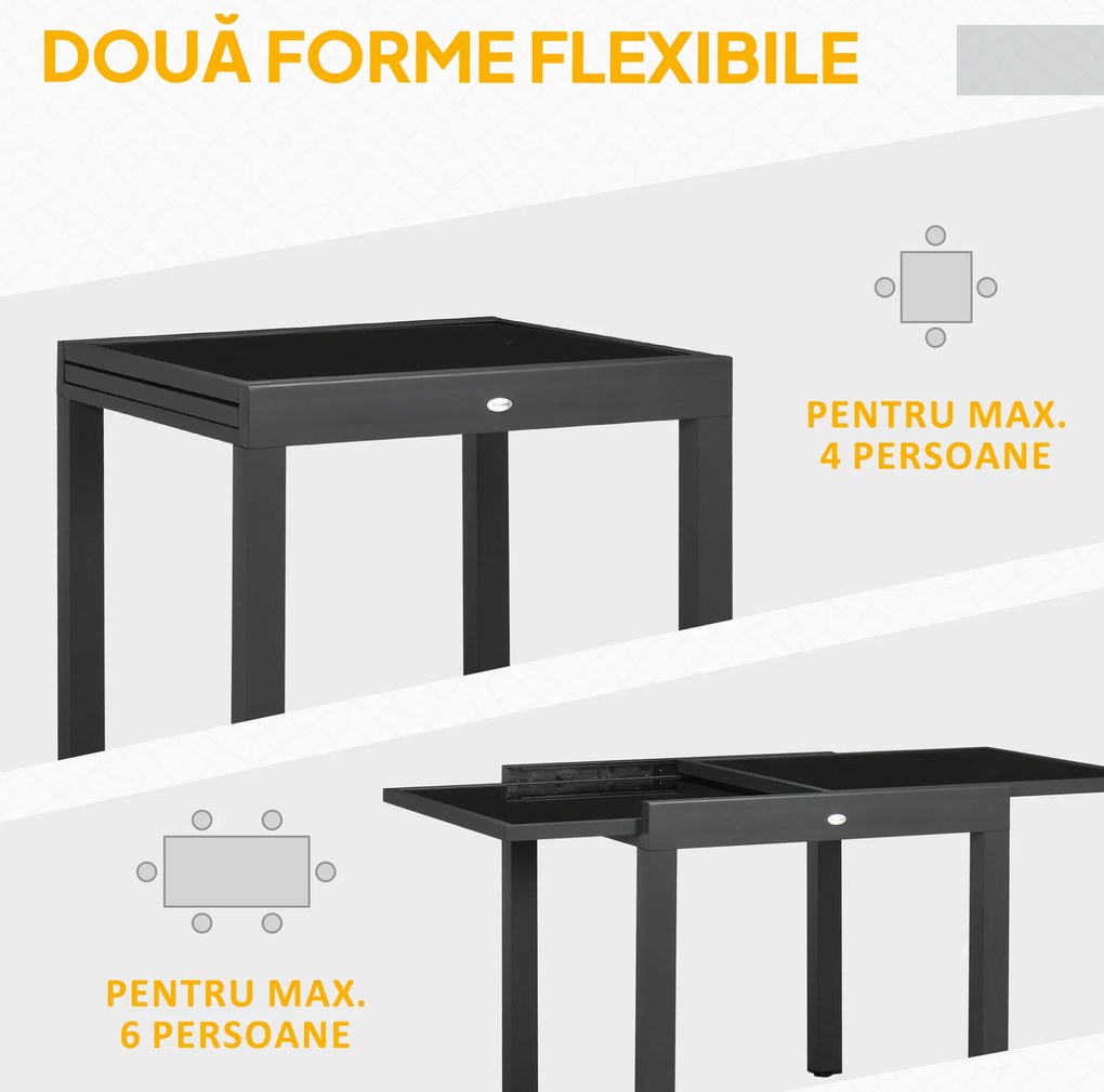 Outsunny Masă de Grădină Extensibilă cu Blat din Sticlă 80-160x80x75 cm Negru | Aosom Romania