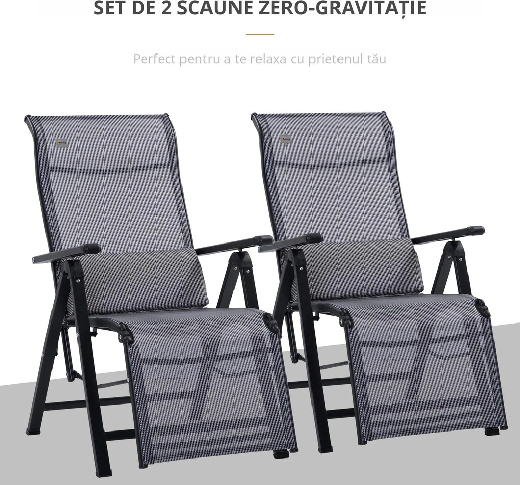 Outsunny Scaun Rabatabil de Gradina Zero Gravity Set 2 Piese cu Spatar Reglabil in 9 Pozitii si Perne, 65x70x111cm, Gri