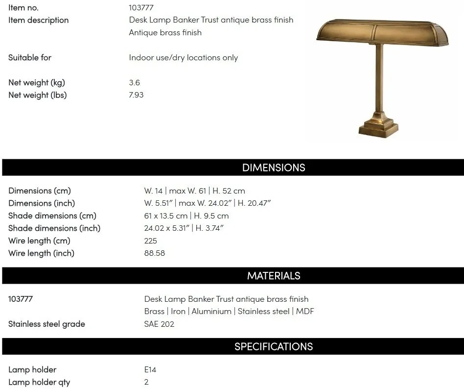 Lampa de masa clasica, finisaj antique brass, Banker 103777 HZ