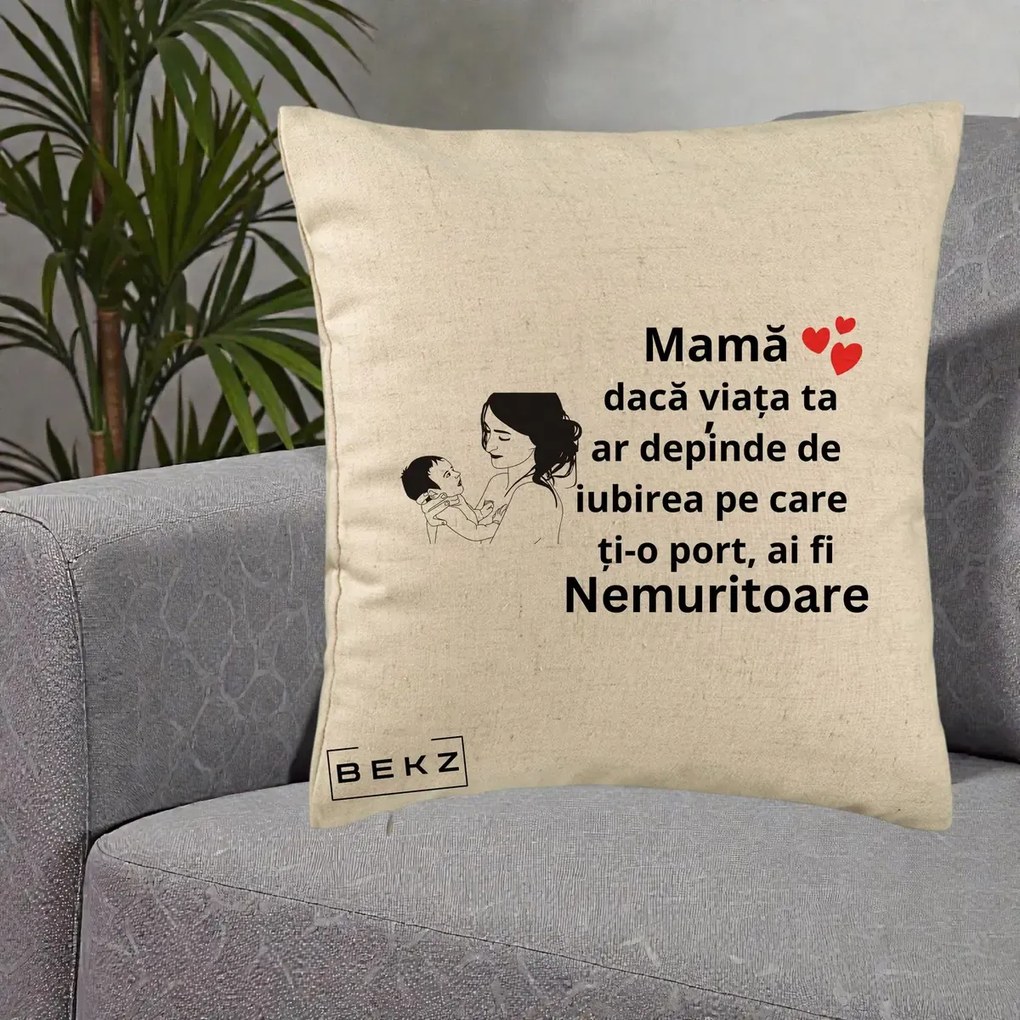 Cadou pentru Mama - Perna Personalizata Mama Nemuritoare Imbratisare Copil, 40x40 cm, Bej, Husa Detasabila, Perna Inclusa, BEKZ®