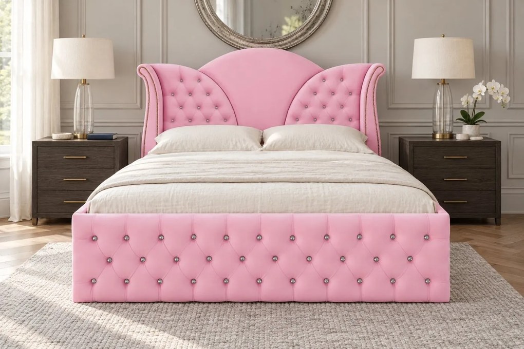 Pat tapițat Chesterfield din catifea Velora Cristal 180×200 cm, roz, cu ladă de depozitare