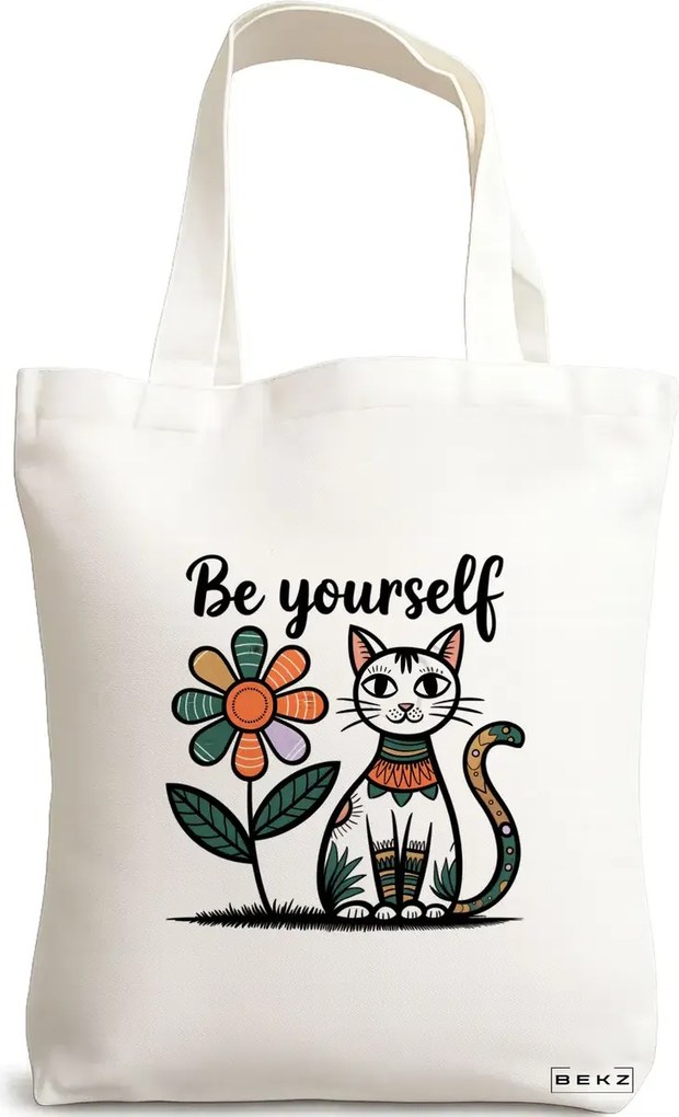 Sacosa de Panza pentru Cumparaturi, Geanta Tote, model Be Yourself Flower Cat, 38 x 34.5 cm, Alba, BEKZ®