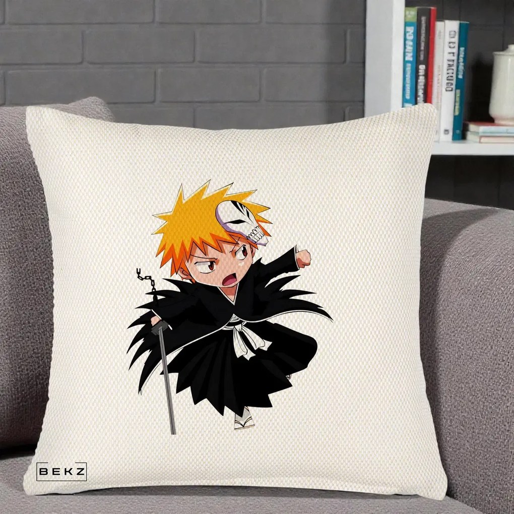 Perna Personalizata Bleach Ichigo Chibi cu Masca, 40x40 cm, Crem Reliefat, Husa Detasabila, Perna Inclusa, BEKZ®