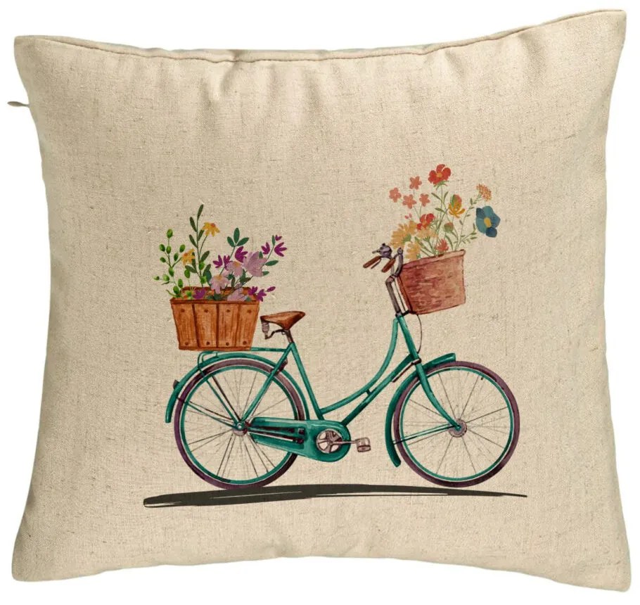 Perna Decorativa, Model Bicicleta Floarala, 40x40 cm, Bej, Husa Detasabila, Burduf