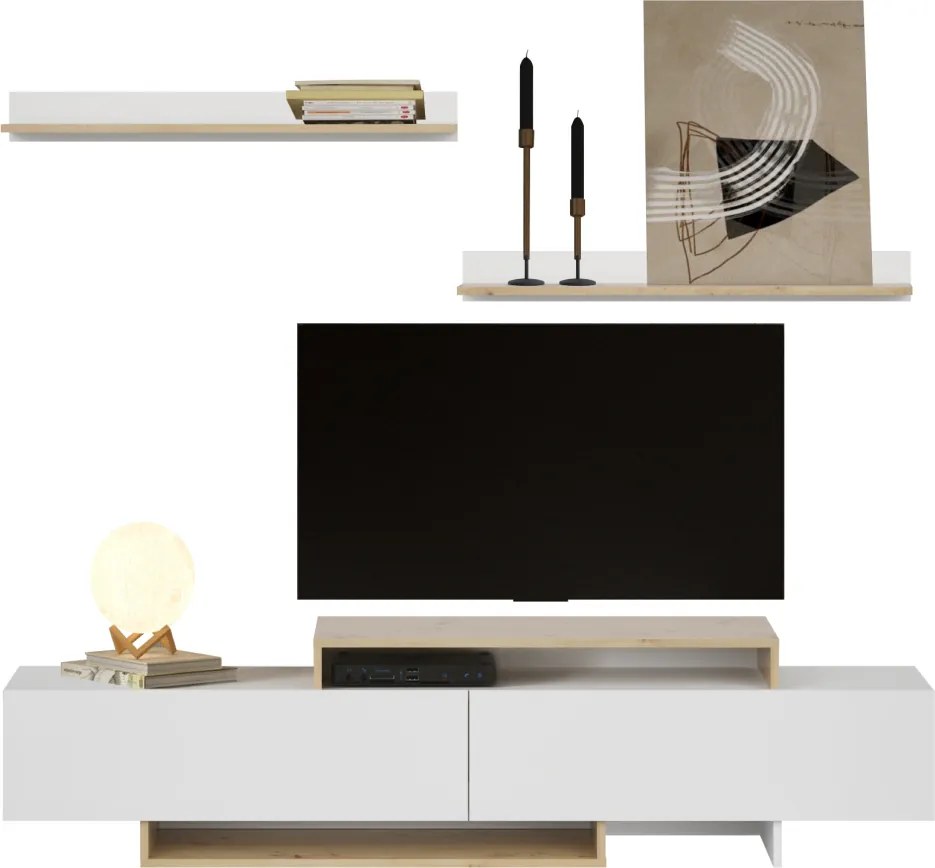 Mobilier de perete living, alb/stejar artisan, MILONA