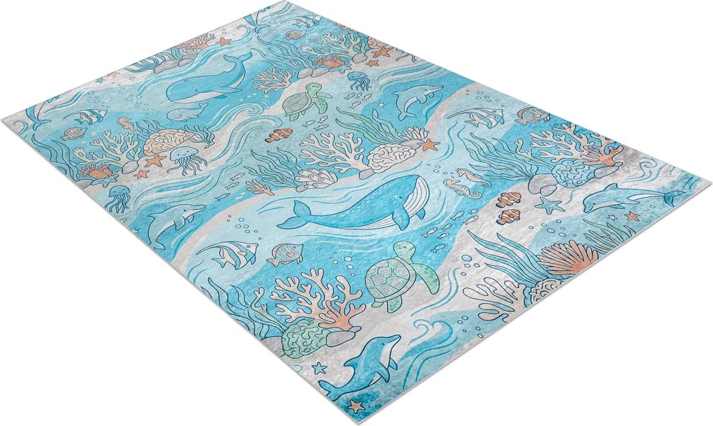 BAMBINO 61540 covor lavabil Ocean, pește pentru copii anti-alunecare - albastru / bej
