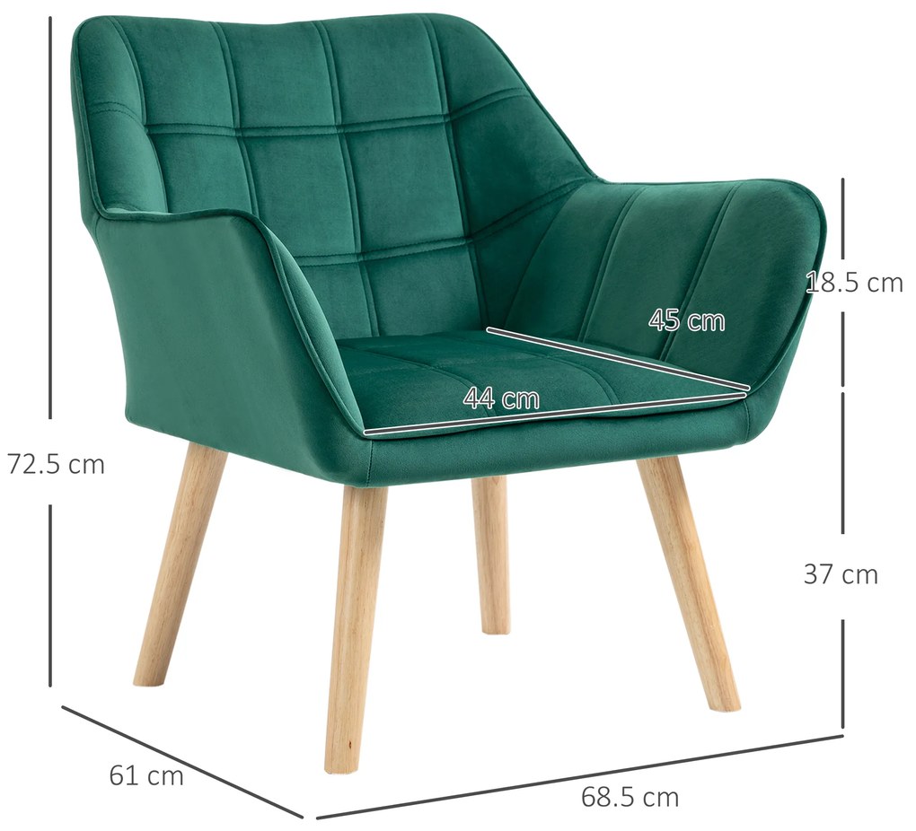 Fotoliu HOMCOM in stil scandinav din lemn si efect de catifea verde pentru sufragerie sau birou, 68.5x61x72.5cm | Aosom Romania