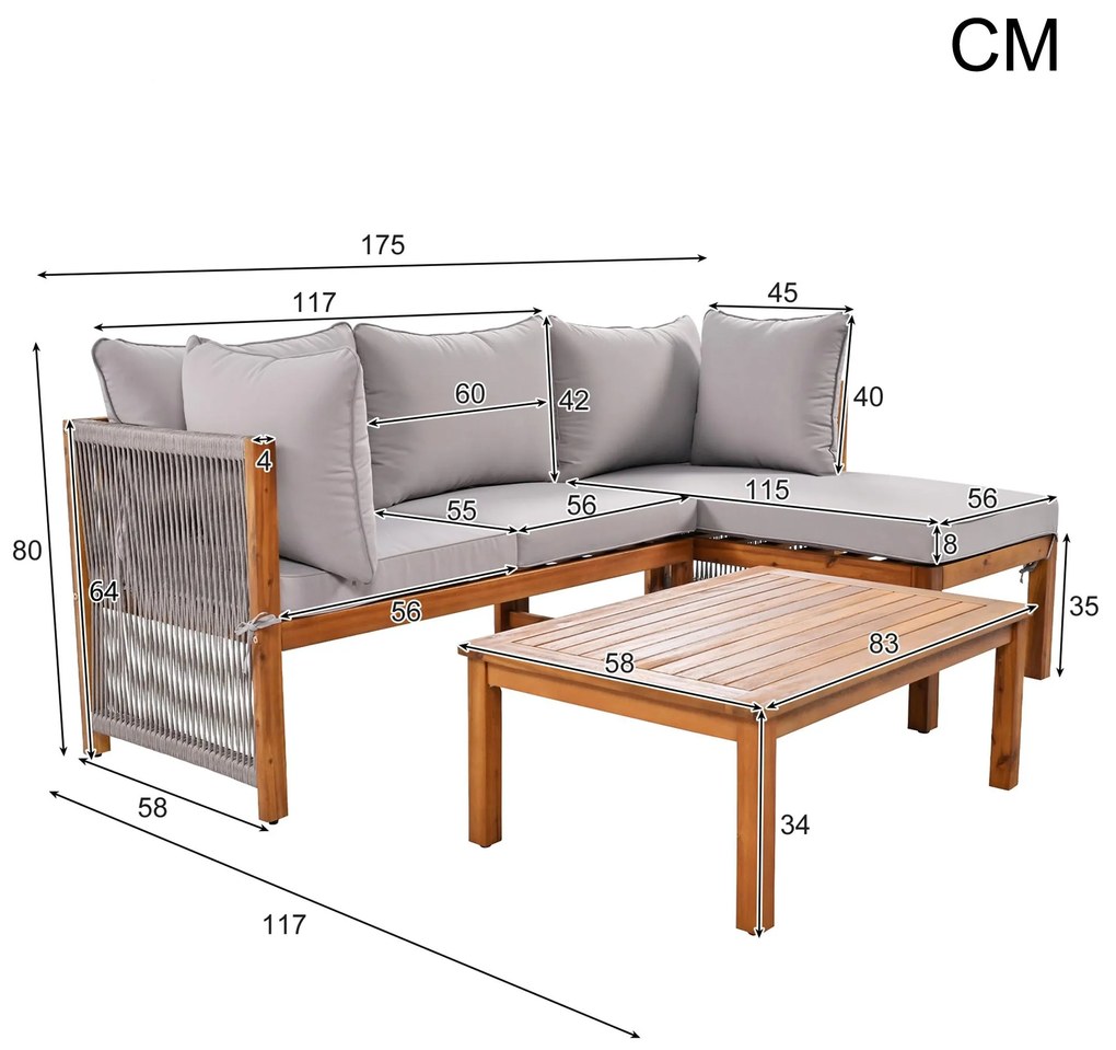 Set de scaune lounge de grădină din 3 piese, picioare ajustabile, 2 canapele de două locuri și 1 masă, Gri