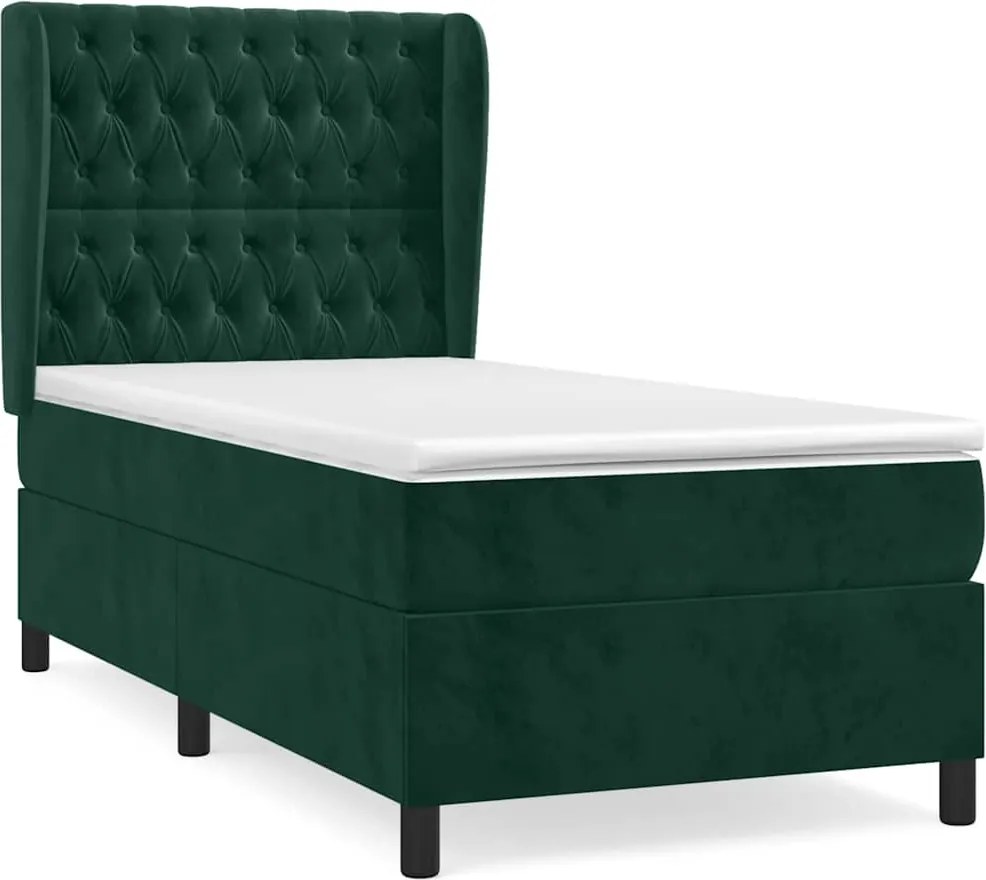 vidaXL Pat box spring cu saltea, verde închis, 90x190 cm, catifea