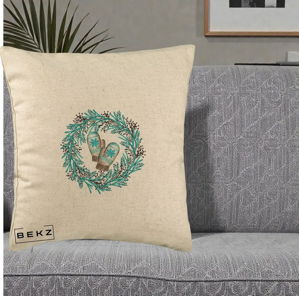 Perna Decorativa Coroana Turcoaz cu Manusi, 40x40 cm, Bej, Husa Detasabila, Perna Inclusa, BEKZ®