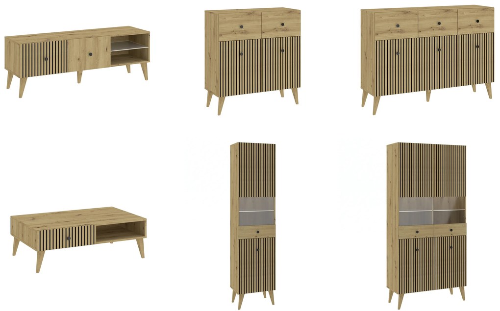 Mazzoni Vitrină BERLINI 4D Stejar Artisan/negru - DULAP CU 2 UȘI CU FRONT NERVURAT
