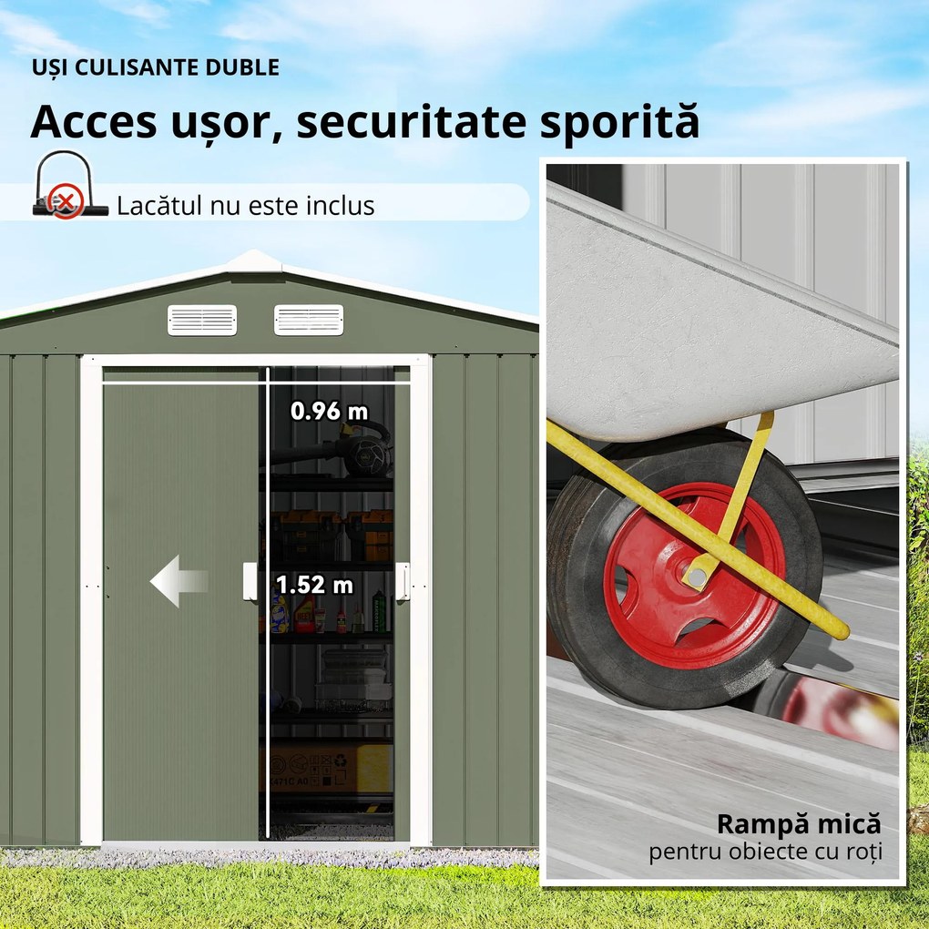 Outsunny Magazie Spațioasă pentru Grădină cu Uși Glisante și Ventilație, Structură din Oțel Durabil, 277x195x192 cm, Verde | Aosom Romania