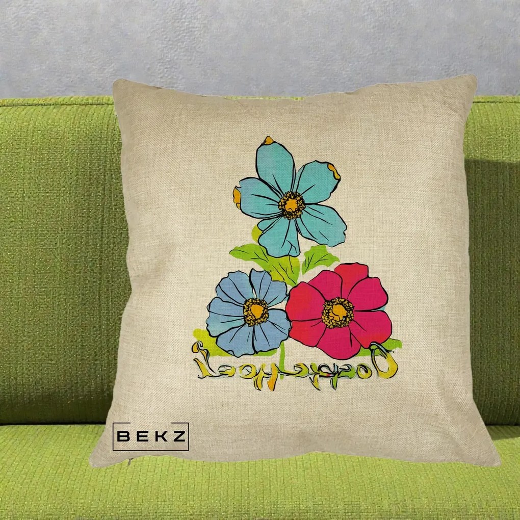 Perna Decorativa Trei Flori Grafice Pop Art, 40x40 cm, Crem, Husa Detasabila, Perna Inclusa, BEKZ®