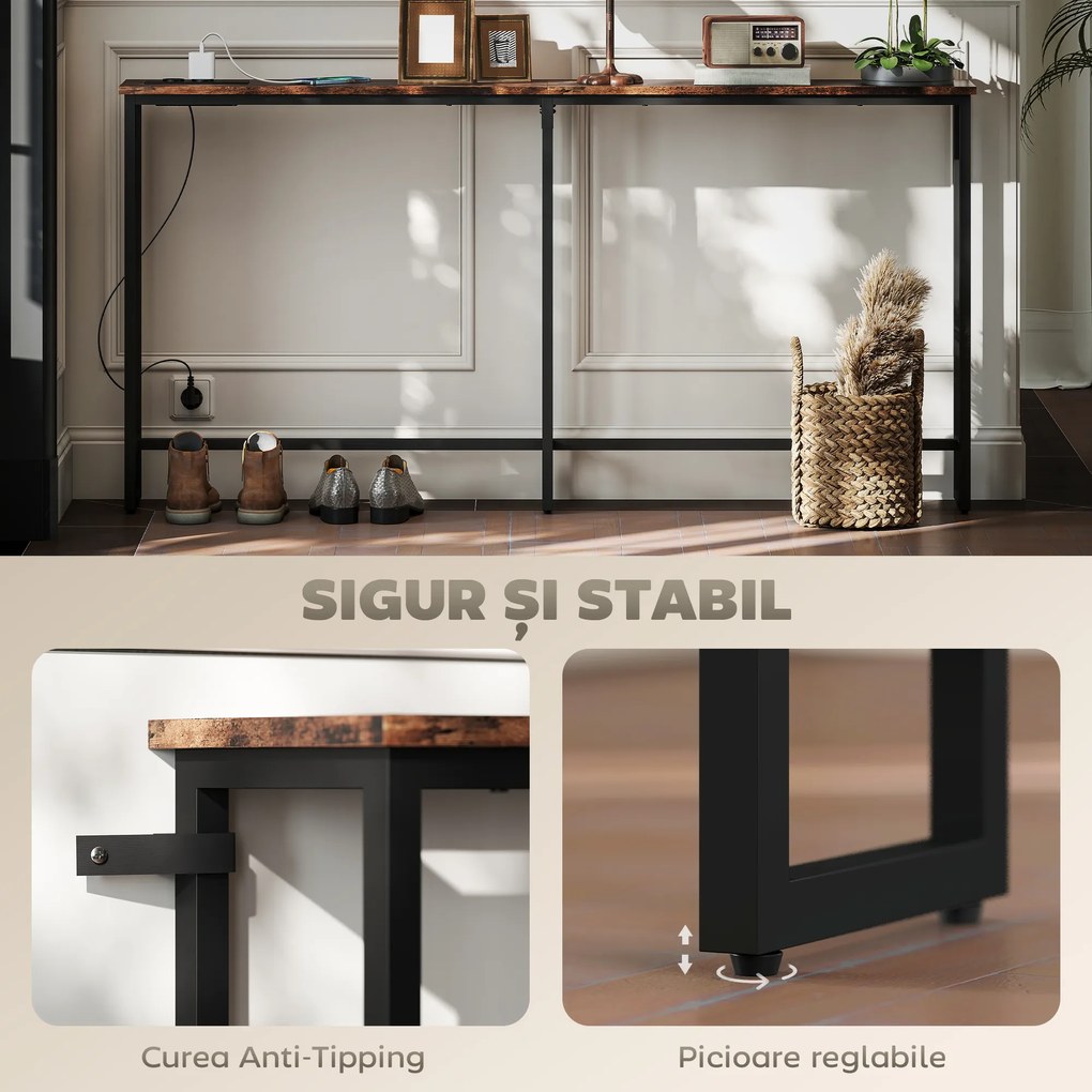 HOMCOM Masă Consolă Industrială cu Stație de Încărcare Maro | Aosom Romania