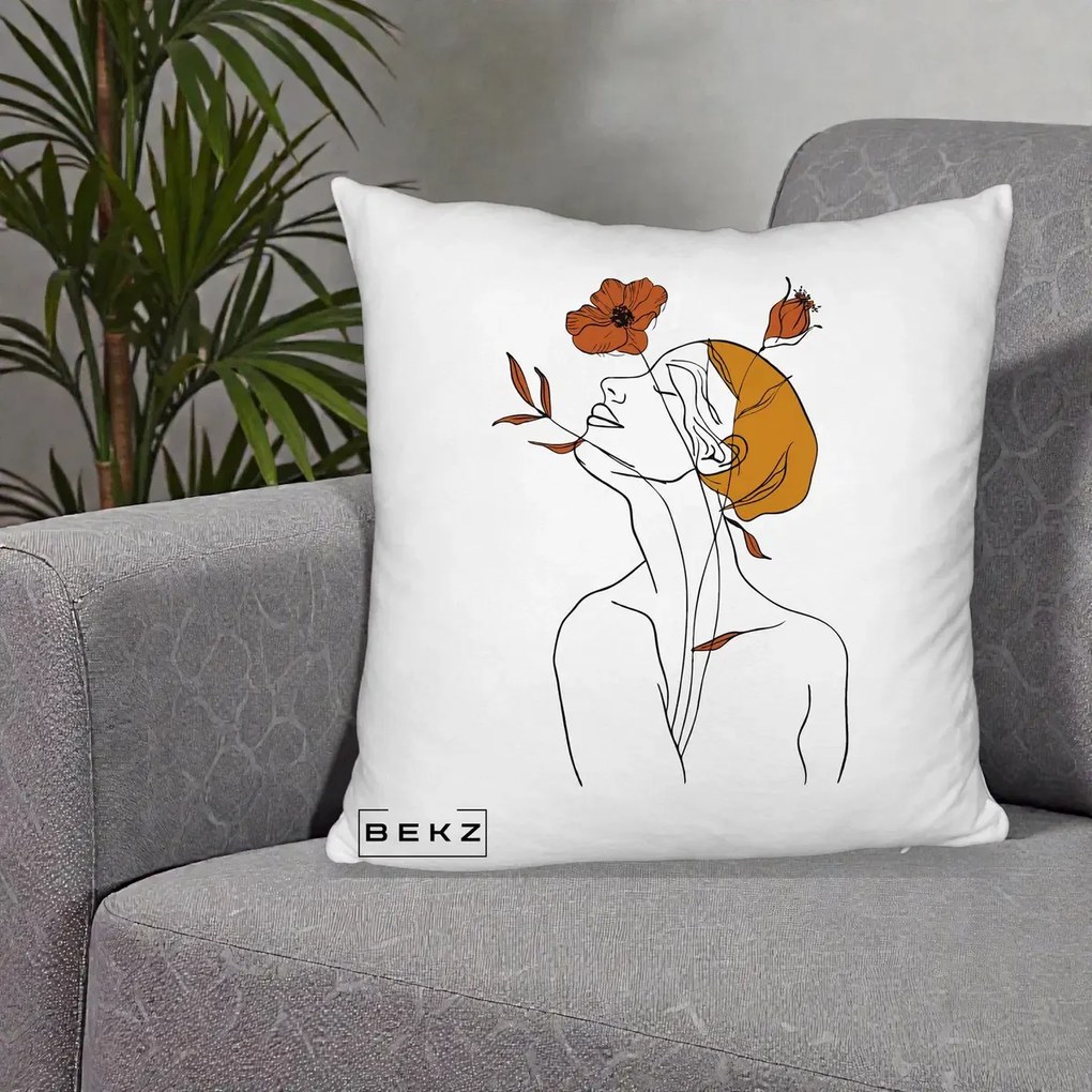 Perna Decorativa Portret Feminin Mac Privire Inalta, 40x40 cm, Alb Pufos, Husa Detasabila, Perna Inclusa, BEKZ®