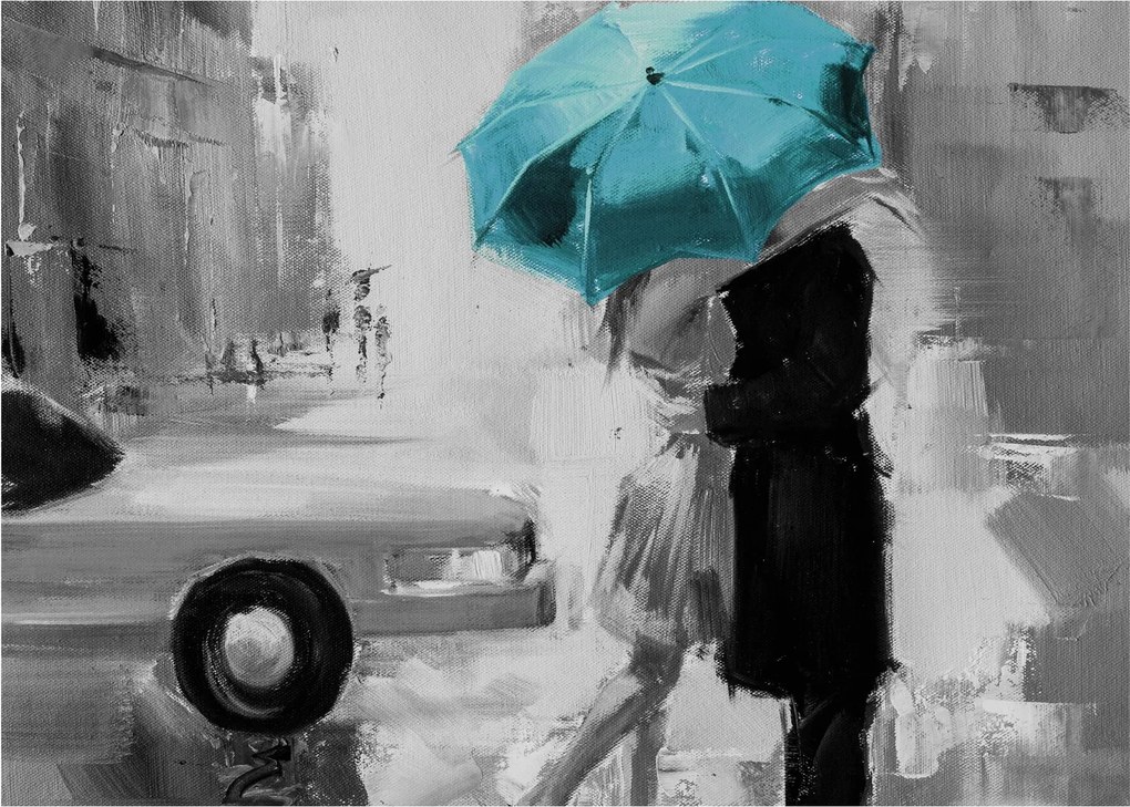 Tablou pe sticlă - Cuplu în dragoste cu umbrelă, albastru (70x50 cm)