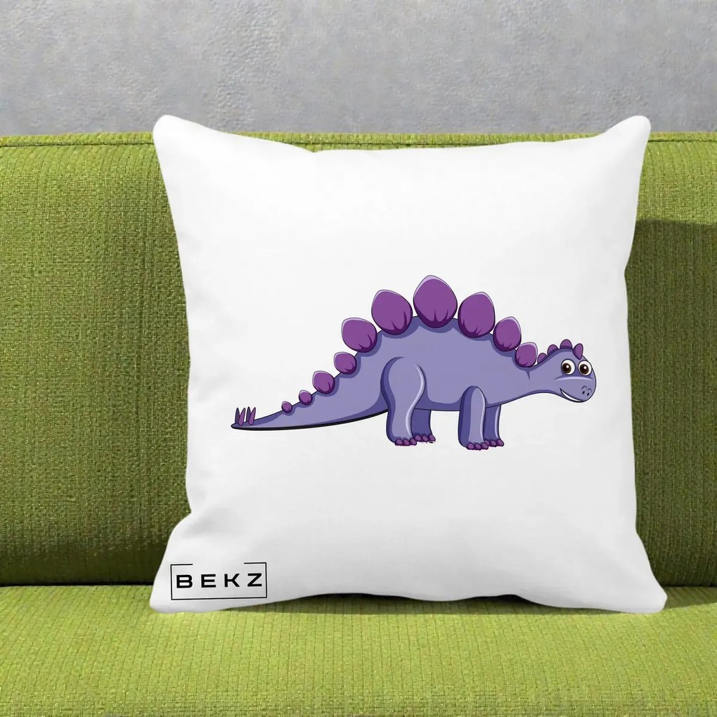 Perna Personalizata Stegozaur Mov, 40x40 cm, Alba Mata, Husa Detasabila, Perna Inclusa, BEKZ®