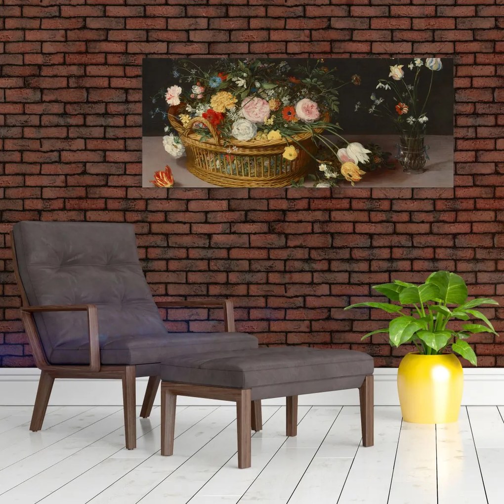 Tablou - Jan Brueghel the Elder, Flowers in a Basket and a Vase, reproducere (120x50 cm)