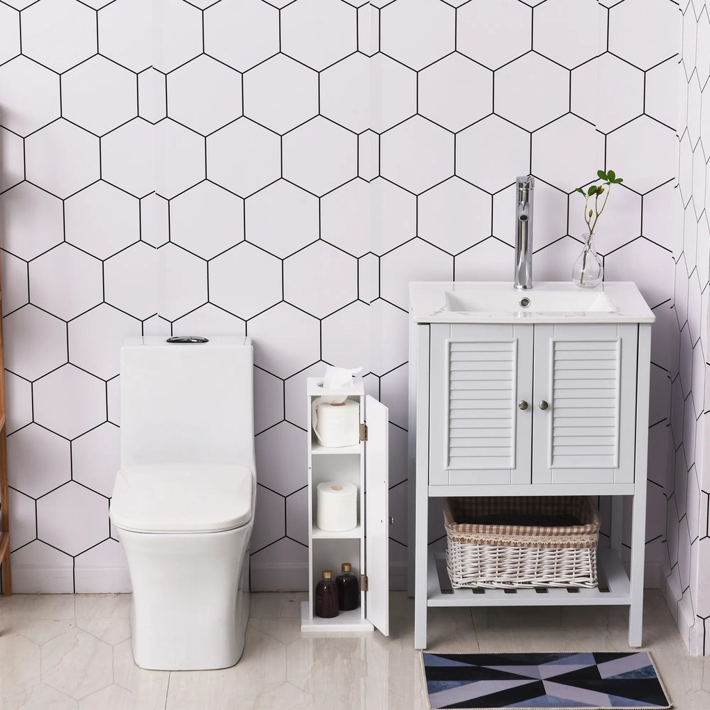 HOMCOM Mobilier de Baño Estrecho cu Orificiu pentru Hârtie Igienică și Rafturi Stil Modern 19,5x19,5x65 cm Alb | Aosom Romania