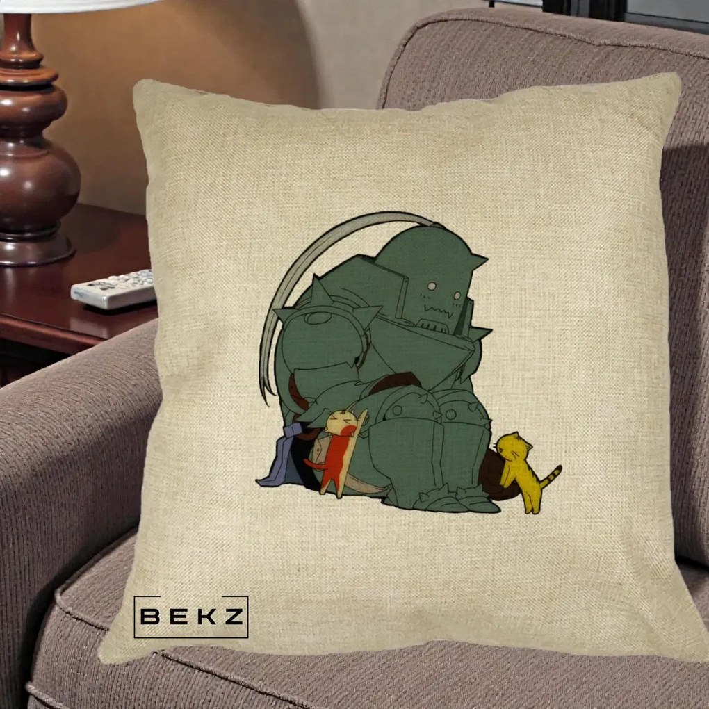 Perna Personalizata Fullmetal Alchemist Alphonse cu Pisici, 40x40 cm, Crem, Husa Detasabila, Perna Inclusa, BEKZ®