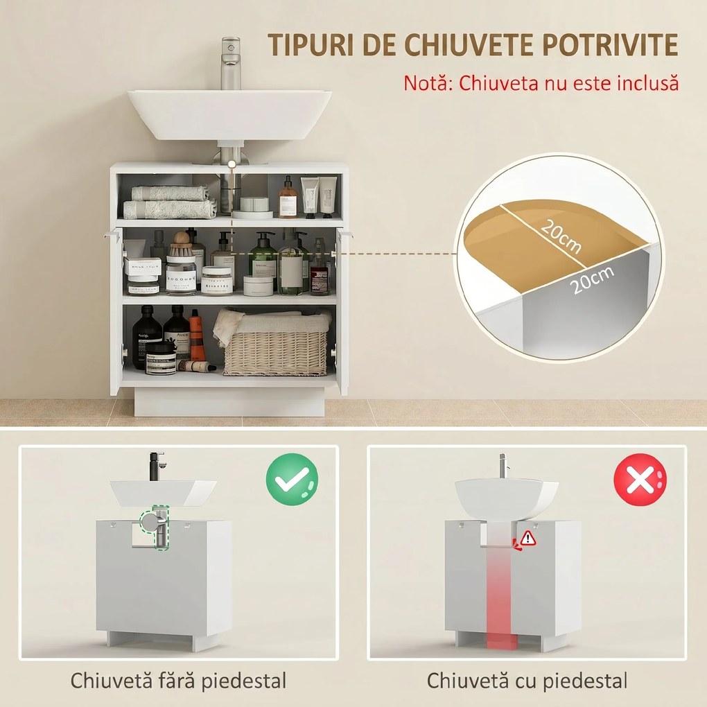 HOMCOM Dulap de Baie Sub Chiuvetă cu Raft Interior Ajustabil Alb | Aosom Romania