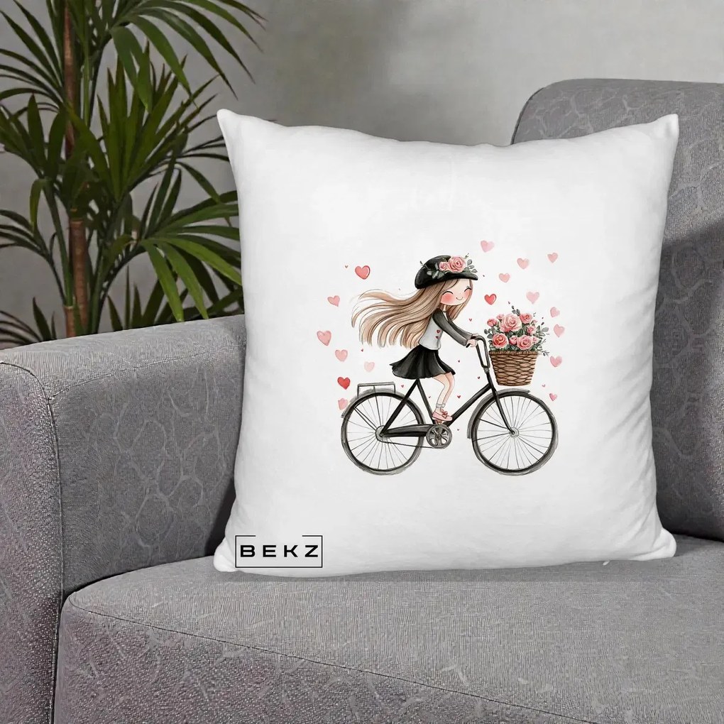 Perna Decorativa Fetita Kawaii pe Bicicleta cu Trandafiri si Inimioare, 40x40 cm, Alb Pufos, Husa Detasabila, Perna Inclusa, BEKZ®