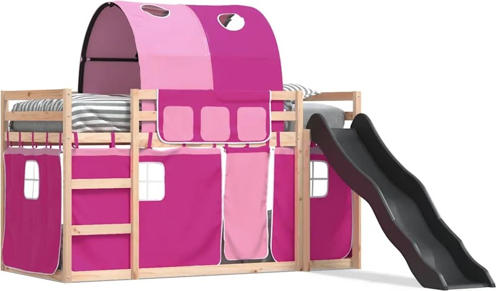 vidaXL Pat supraetajat cu tobogan și perdele, roz, 90x200 cm