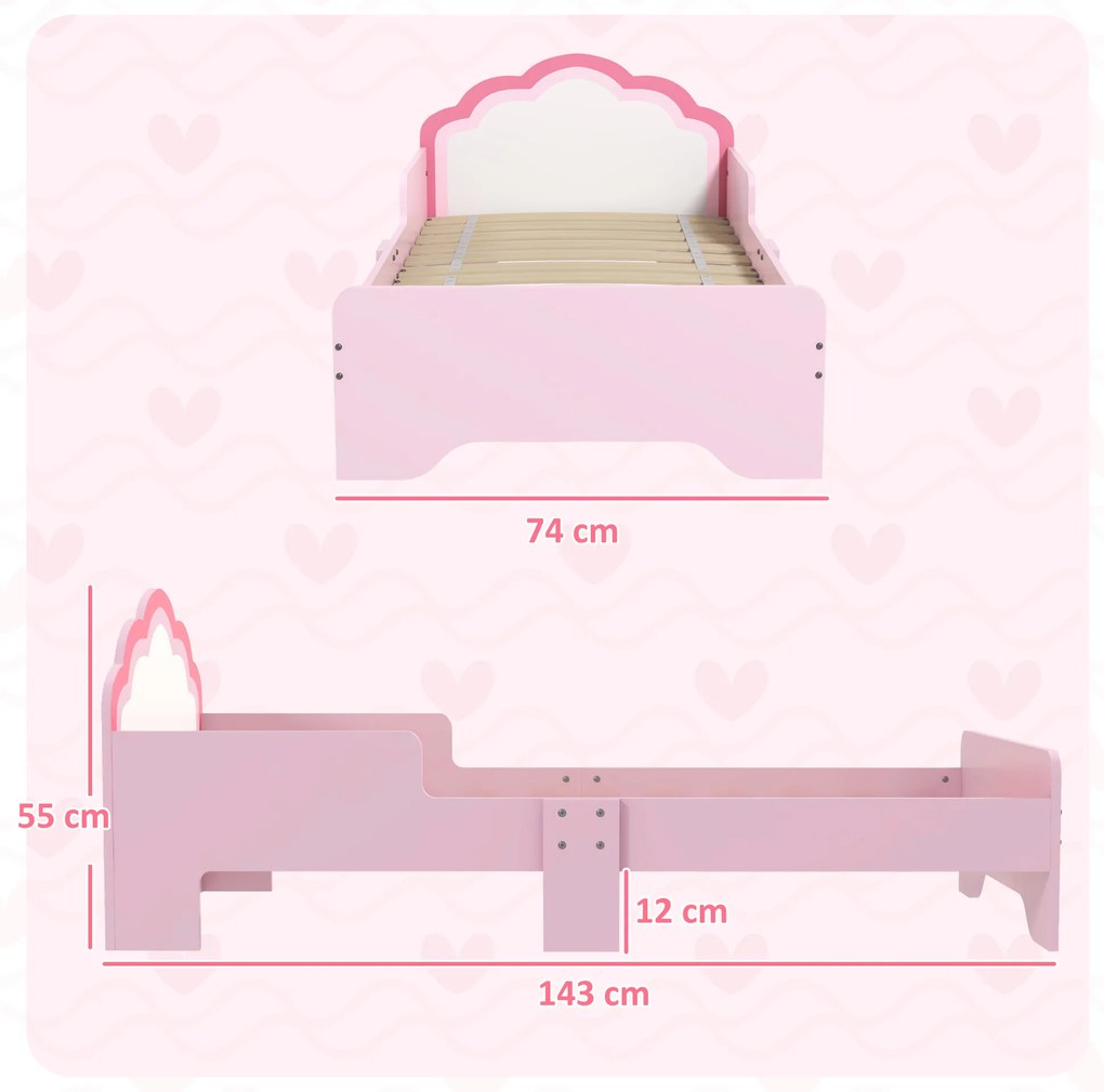 ZONEKIZ Pat pentru copii 3-6 ani 143 x 74 x 55 cm design nor somier cu lamele inclus cameră modernă roz | Aosom Romania
