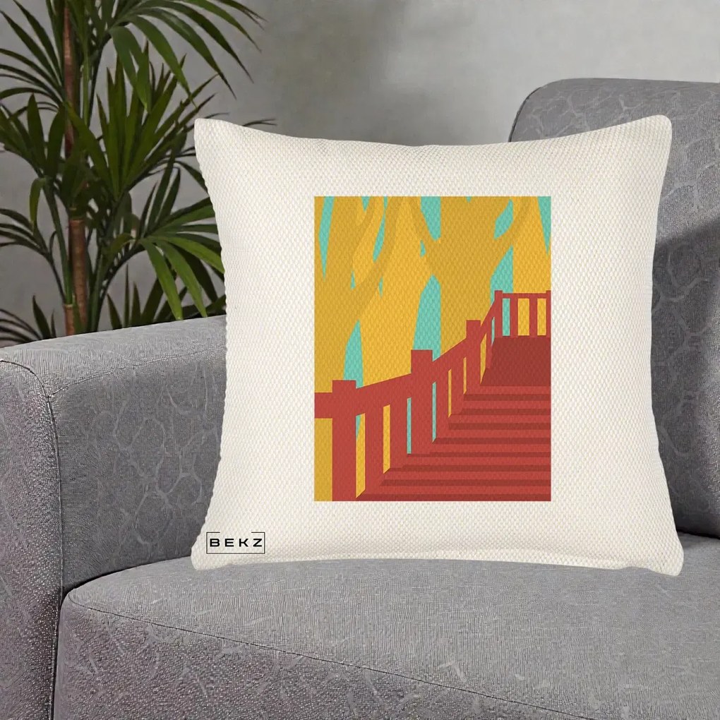 Perna Decorativa Scari Toamna Peisaj Grafic, 40x40 cm, Crem Reliefat, Husa Detasabila, Perna Inclusa, BEKZ®