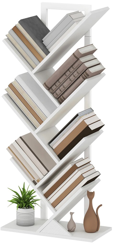HOMCOM Bibliotecă în Formă de Copac cu 7 Rafturi și Sistem Antivoltaj pentru Sufragerie Dormitor 50x24x109 cm Alb | Aosom Romania
