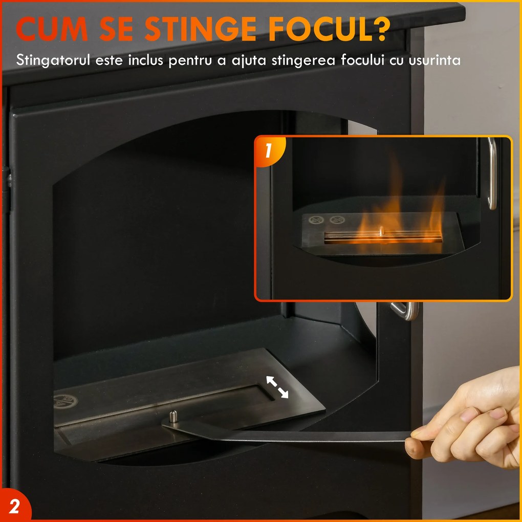 HOMCOM Șemineu pe Bioetanol Autoportant, Bioșemineu cu Arzător de 1,2L pentru 3 Ore Durată de Ardere, 43x25x68 cm, Negru | Aosom Romania