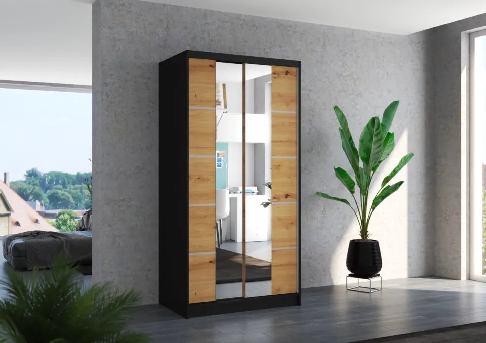 Dulap cu usi glisante si oglinda 100x200 cm, Ksawer, ADRK Furniture (Culoare: Negru / Artisan)