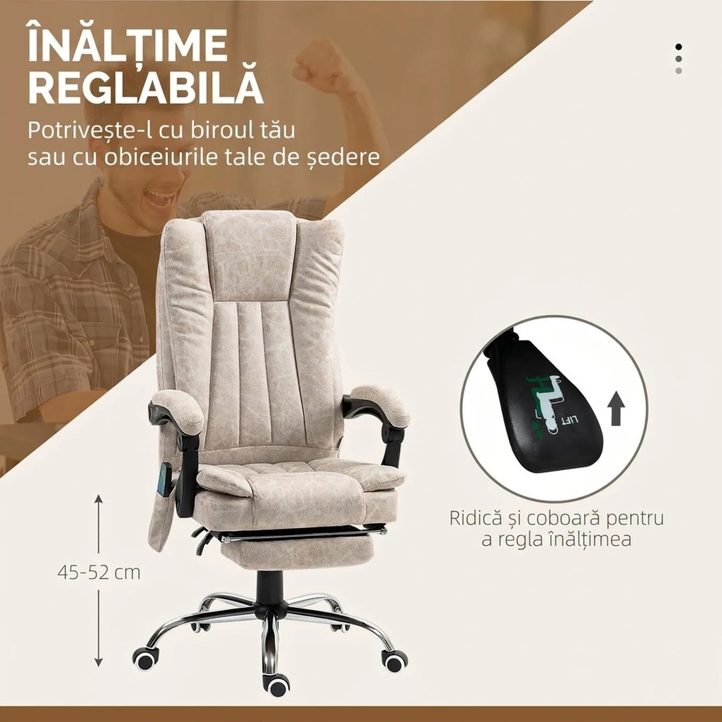 Vinsetto Scaun de Birou cu Masaj, Încălzire, Înălțime Reglabilă și Suport pentru Picioare, 62x70x113-120 cm, Crem | Aosom Romania