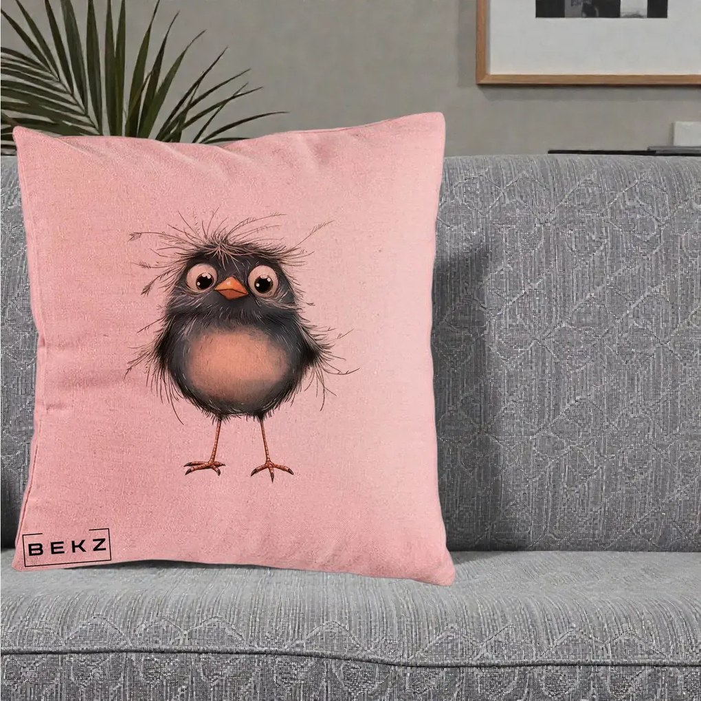 Perna Decorativa Pui Negru Zbarlit cu Pene Fine, 40x40 cm, Roz, Husa Detasabila, Perna Inclusa, BEKZ®
