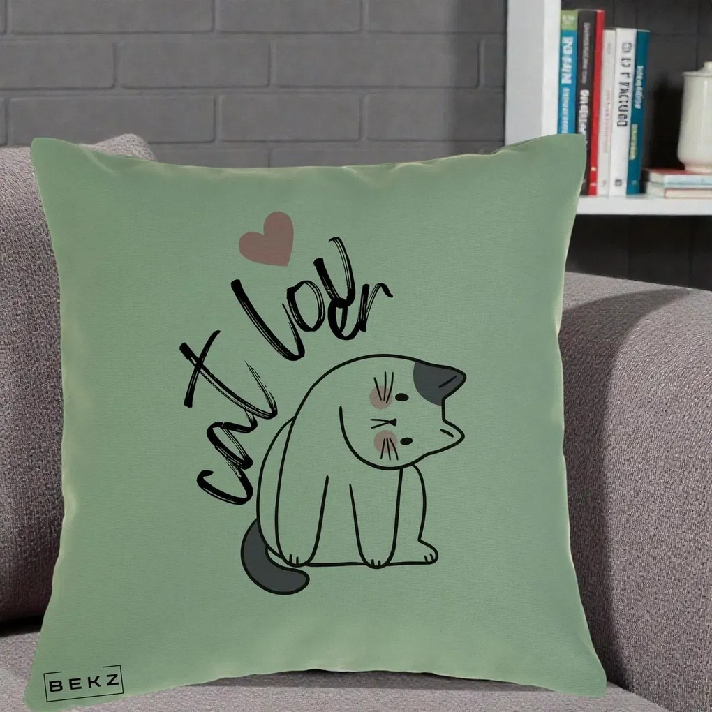 Perna Personalizata Cat Lover Pisica Ilustratie Linie, 40x40 cm, Verde, Husa Detasabila, Perna Inclusa, BEKZ®